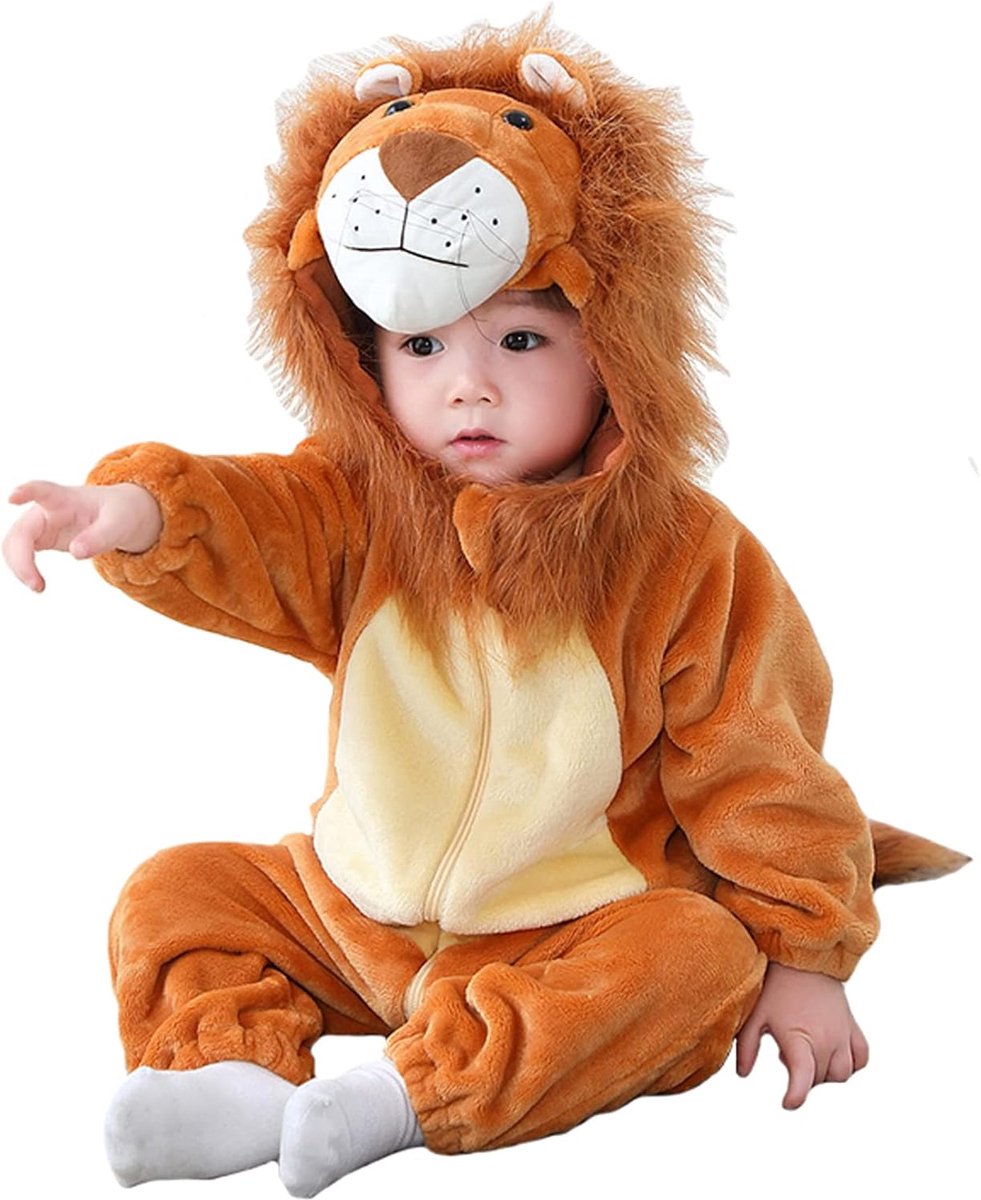 SnelShoppen - Unisex Baby Romper, Flannel One-Piece Pyjama voor Jongens en Meisjes, Dierenprint, Leeuw, 3-6 Maanden, Ideaal voor Herfst en Lente