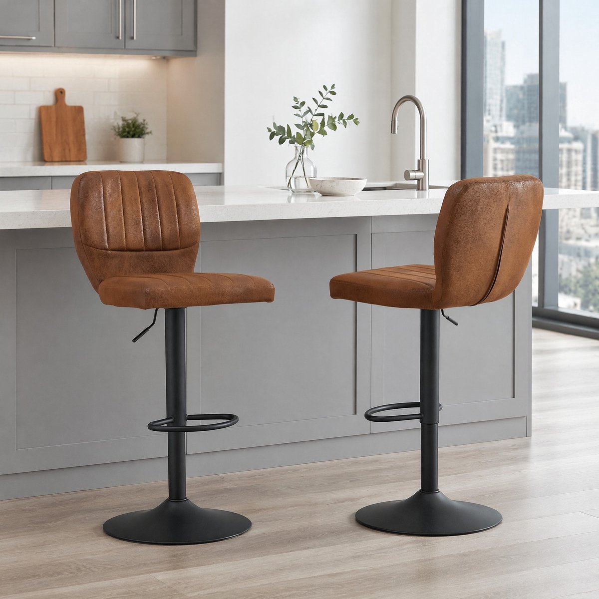DESMIU Barkruk 52 x 45 x 93-114 cm - In Hoogte Verstelbaar En 360 Graden Draaibaar Met Rugleuning En Voetsteun - Voor Keuken En Bar - Kunstleer En Metaal - Zwart Bruin