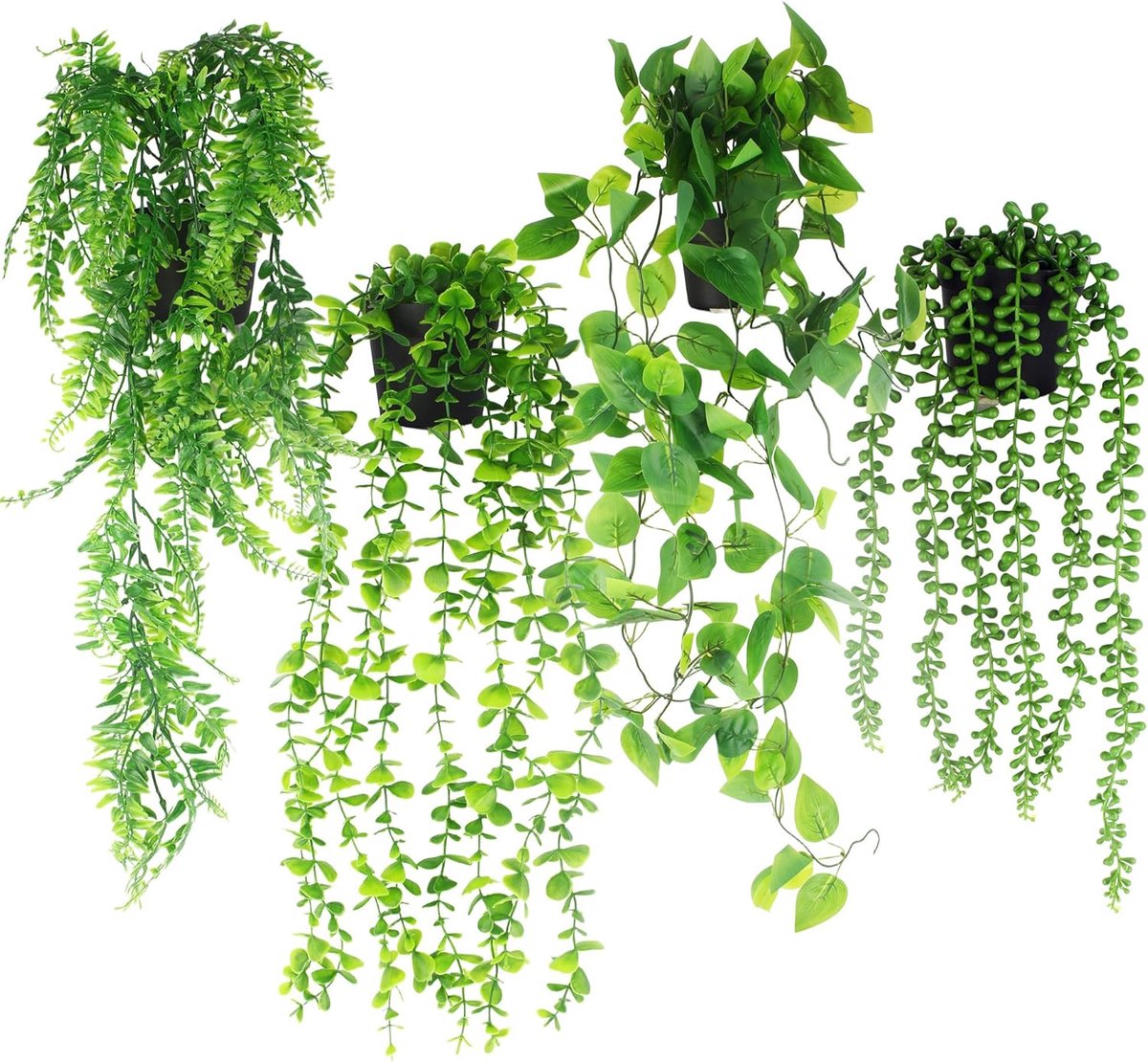 SnelShoppen - Set van 4 Kunstplanten voor Hangend Gebruik - Eucalyptus, String of Pearls, Boston Fern, Pothos - Ideaal voor Woonkamer, Slaapkamer, Tui