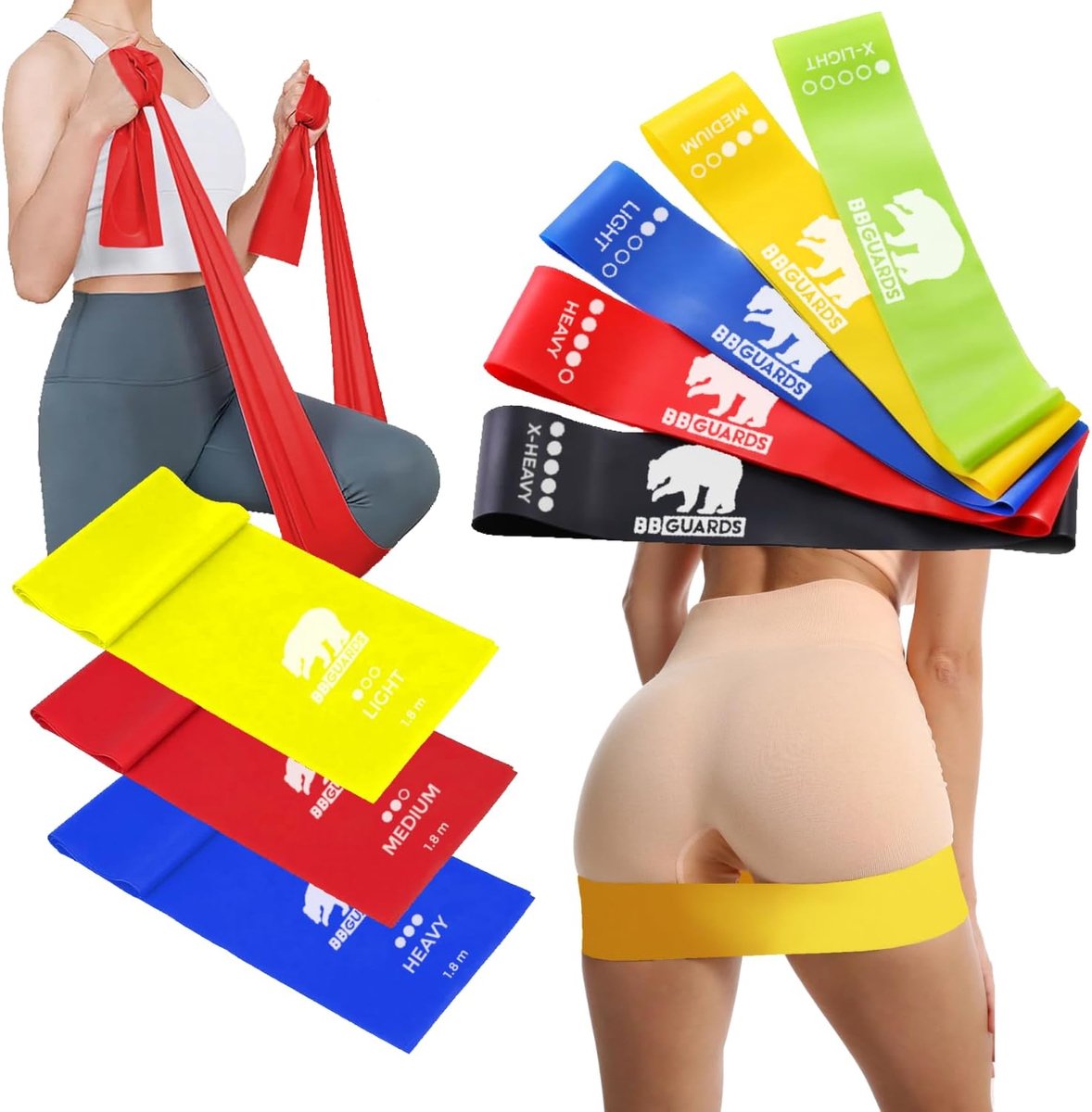 SnelShoppen - Set van 5 Fitness Bands en 3 Elastische Spierbanden (180 cm) voor Thuistraining, Gym, Pilates, Krachttraining en Revalidatie