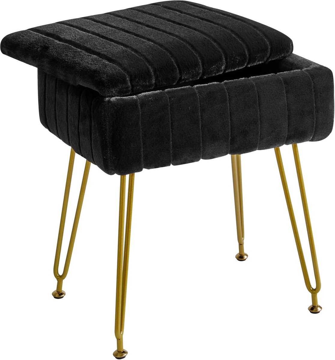 SnelShoppen - Comfortabele Poef met Opbergruimte - Multifunctionele Voetsteun of Kleine Bijzettafel met 4 Metalen Poten - Antislip - Faux Bont Zwart v
