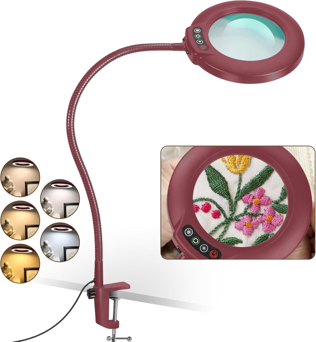 SnelShoppen - 12x Vergrootglas met Licht en Klem, Echt Glas, 5 Kleuren, Dimbaar, 58 cm Flexibele Gooseneck Tafelmagnifier met LED Verlichting voor Hob