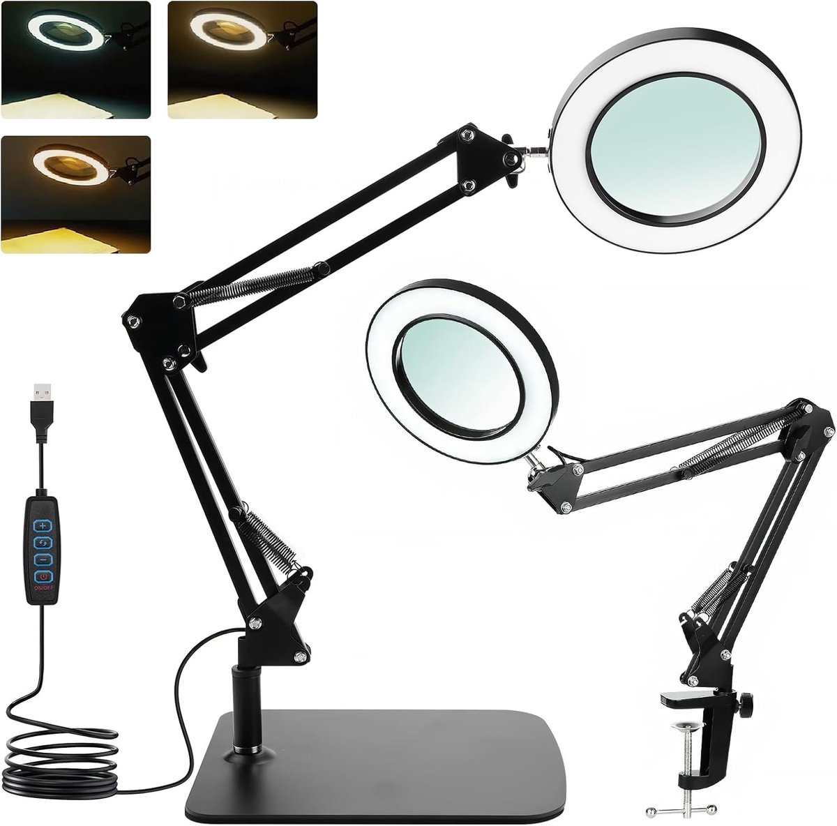 SnelShoppen - 15x Vergrootglas met Licht, LED Desk Lamp met Pedestal en Clip, Dimbare LED Loupe Light met 3 Kleurmodi voor Hobby, Reparaties, Tekenen
