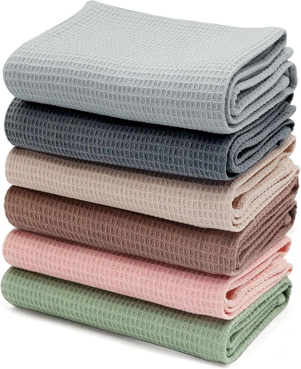 SnelShoppen - Set van 6 Wafelstructuur Katoenen Keukenhanddoeken 45 x 65 cm - Super Absorberend, Duurzaam, Zacht - Ideaal voor Keuken, Huishouden, Fee