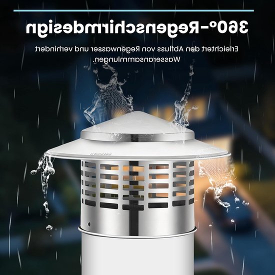 Zilverkleurige RVS schoorsteenkap met ronde openingen, met waterdruppels die eraf lopen.