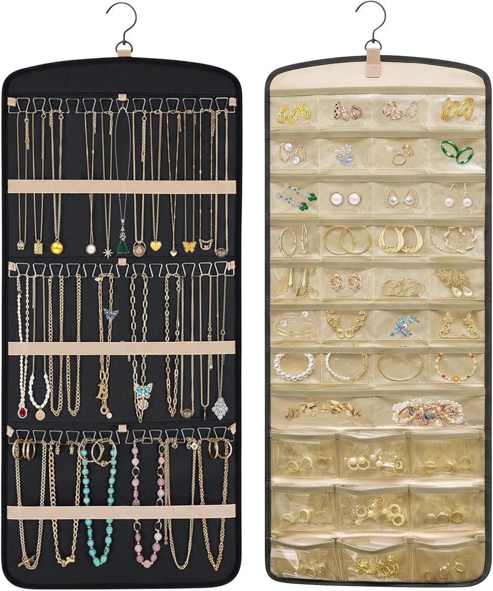 SnelShoppen - Dubbelzijdige Sieraden Organizer Hangen - Sieraden Rol met Metaal Haken - 39 Compartimenten en 3 Golf Haken - Grote Sieraden Houder voor