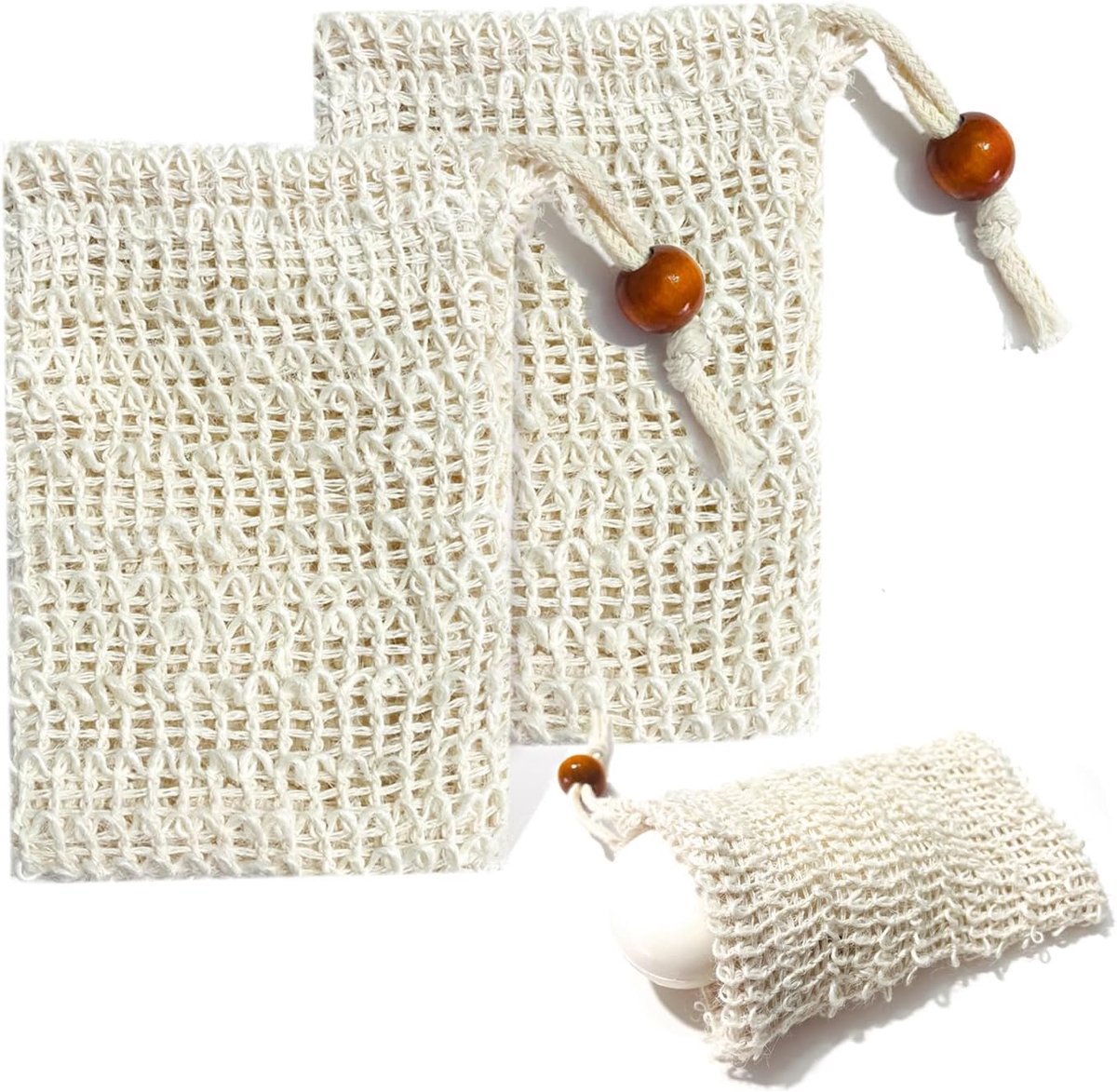 SnelShoppen - 2 Stuks Natuurlijke Sisal Zeepzakjes, Organische Vaste Zeep, Zeepnet voor Bad, Massage, Peeling, 13x9.5cm, Katoen en Linnen