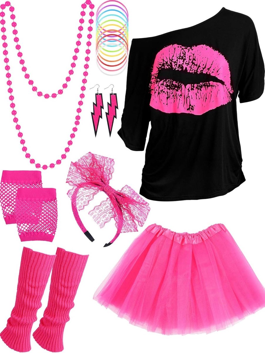 80s Kostuum Accessoires Set met T-shirt, Tutu, Hoofdband, Oorbellen, Ketting en Beenwarmers in Rood en Roze, XL Maat voor Themafeesten en Verkleedpartijen