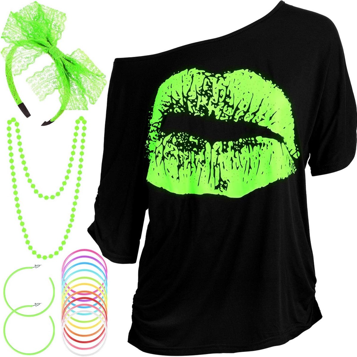 80s Themaparty Kostuum Accessoires Set met Lippenprint T-shirt, Kanten Haarband, Oorbellen en Sieraden in Fluorescent Groen (Maat L)