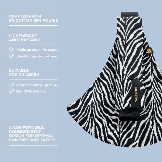 Wildride® Kinderdrager Zebraprint Zwart - Lichtgewicht & Draagbaar - Heupdrager Voor Kinderen van 9 Maanden tot 4 Jaar - Draagzak voor Baby en Peuter - Baby Carrier - Tot 20 kg