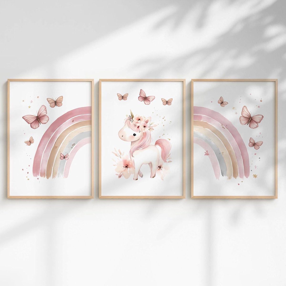 SnelShoppen - 3-delige poster set voor kinderkamer meisjes, babykamer, eenhoorn prinses dieren regenboog wanddecoratie, schattige muurdecoratie voor m