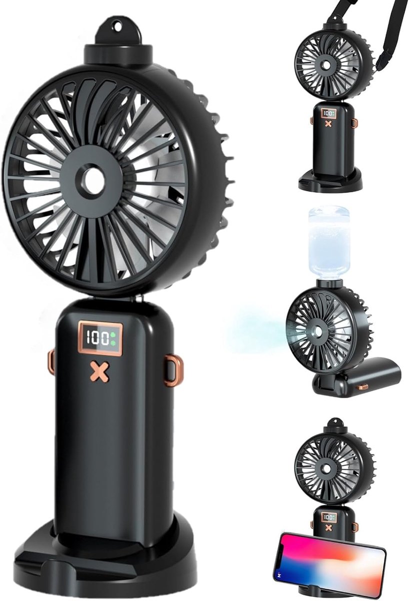 SnelShoppen - Portable Mini Fan 5000 mAh - USB Ventilator met Atomisatie, Vijf Snelheden, Zwart - Ideaal voor Kantoor, Reizen, Winkelen en Zomergebrui