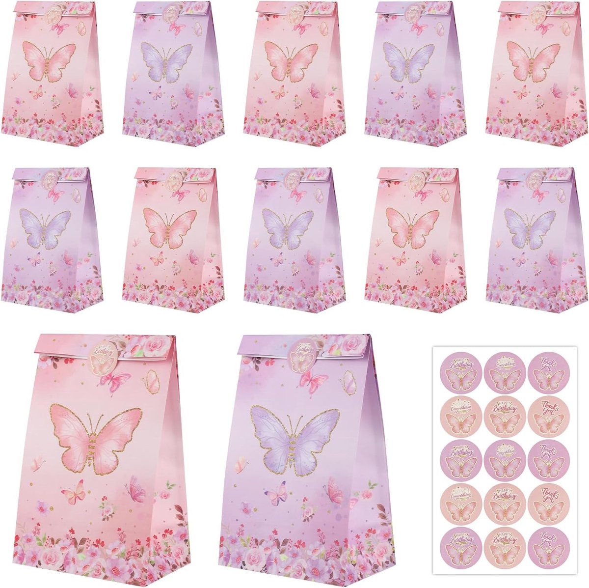 SnelShoppen - 12 Stuks Vlinder Cadeautasjes voor Kinderfeestjes, Kleine Papieren Tassen met 15 Stickers voor Verjaardagen, Feestjes, Bruiloften, Roze