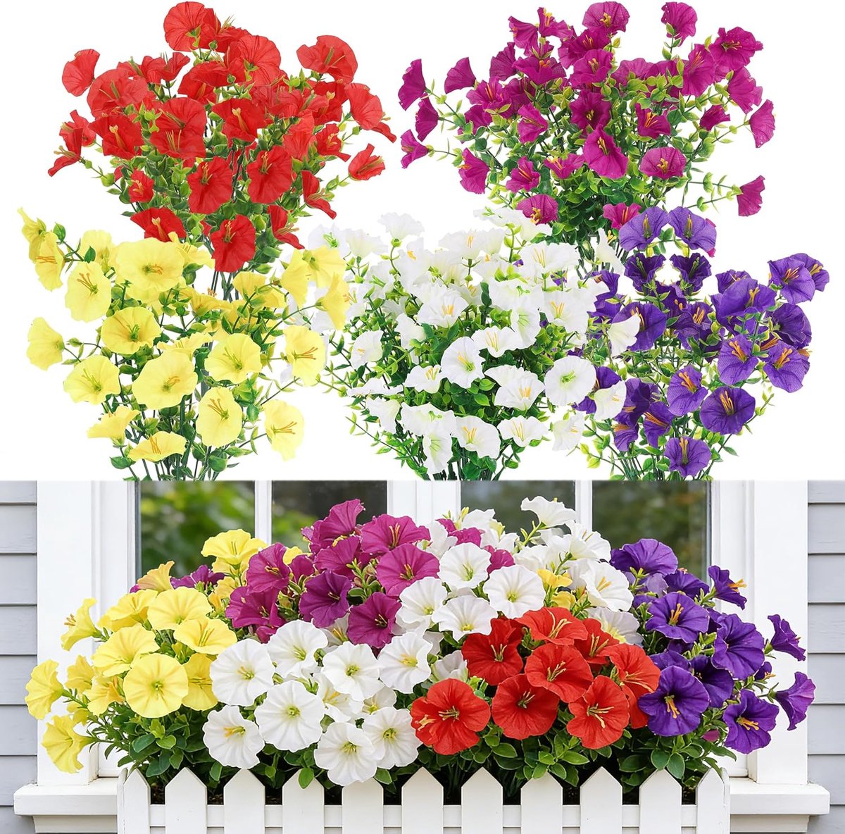 SnelShoppen - 9 Bundels Kunstbloemen voor Buiten, UV-bestendige Nepbloemen, Vervagen Niet, Kunstmatige Ochtendglorie, Kunstplanten voor Tuin, Veranda,