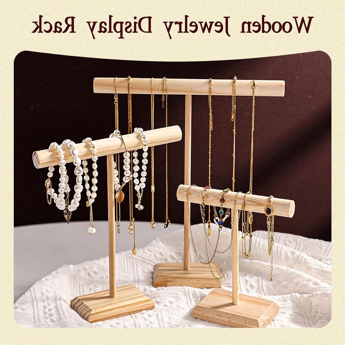 Set van 3 T-vormige houten sieradenstandaards voor het opbergen van sieraden, geschikt voor horloges, armbanden en kettingen.