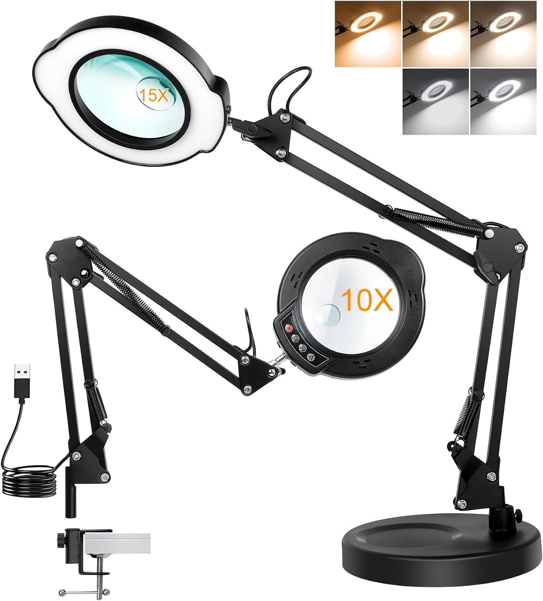 SnelShoppen - Table Magnifier 10x Vergrootglas met Verlichting, 84 LED Flexibele Gooseneck, 5 Kleuren Modus, Touch Control, Dimbaar voor Hobbies, Schi