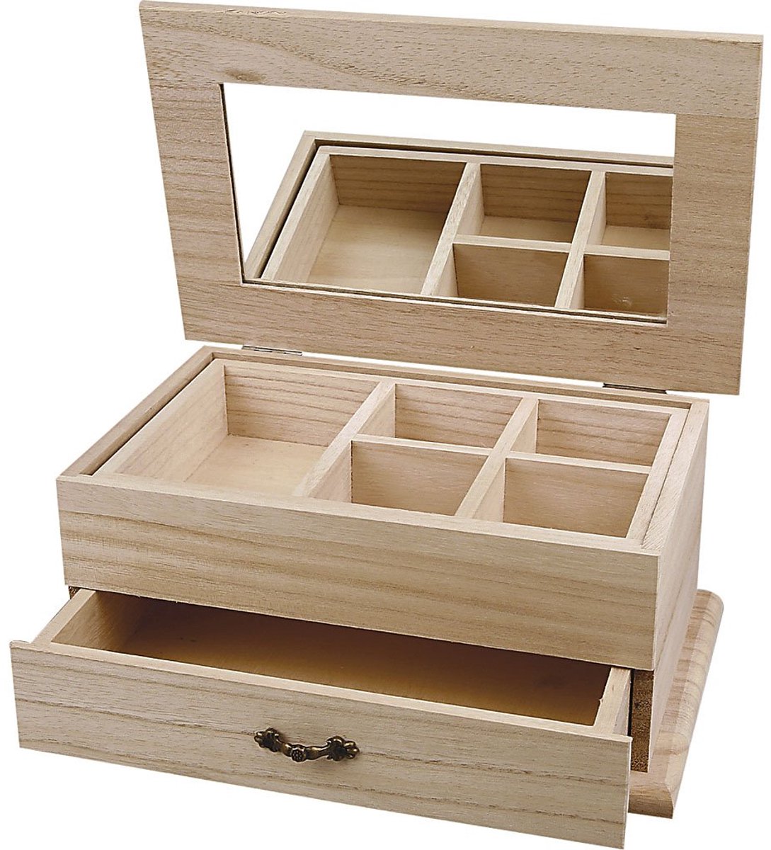 SnelShoppen - Creativ Houten Sieradenbox 1-Piece met Opklapbare Spiegel, Verwijderbaar Compartment, 27x17x12cm, Perfect voor Decoratie en Bewaring