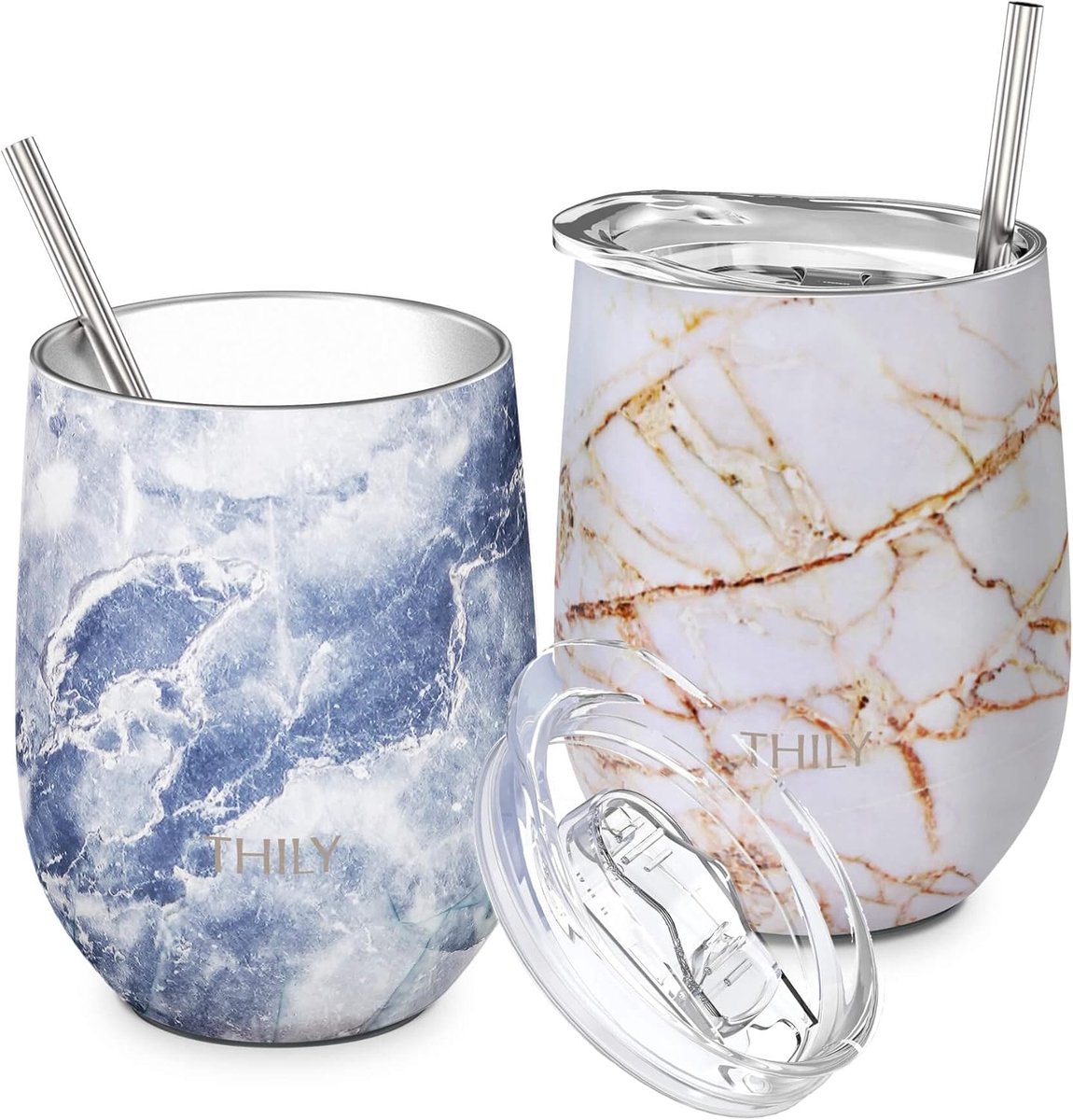 SnelShoppen - RVS Geïsoleerde Wijnbekers 350ml - Leuke Reisbeker zonder Steel met Deksel en RVS Rietjes - Houdt Dranken Warm of Koud - 2 Pack (Goud Ma
