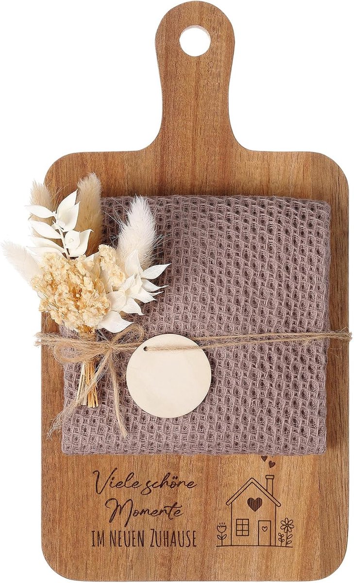 SnelShoppen - Houten Snijplank met Katoenen Theedoek, Mini Gedroogde Bloemen, Housewarming Cadeau voor Nieuw Huis, Appartement, Keuken, Ceremonie