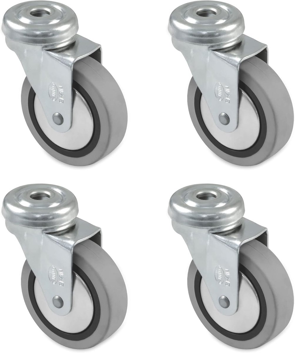 SnelShoppen - Set van 4 meubelwielen met rem, 60 mm diameter, rubber, grijs, maximaal 25 kg per wiel, ideaal voor meubels zoals kasten, bedden en tafe
