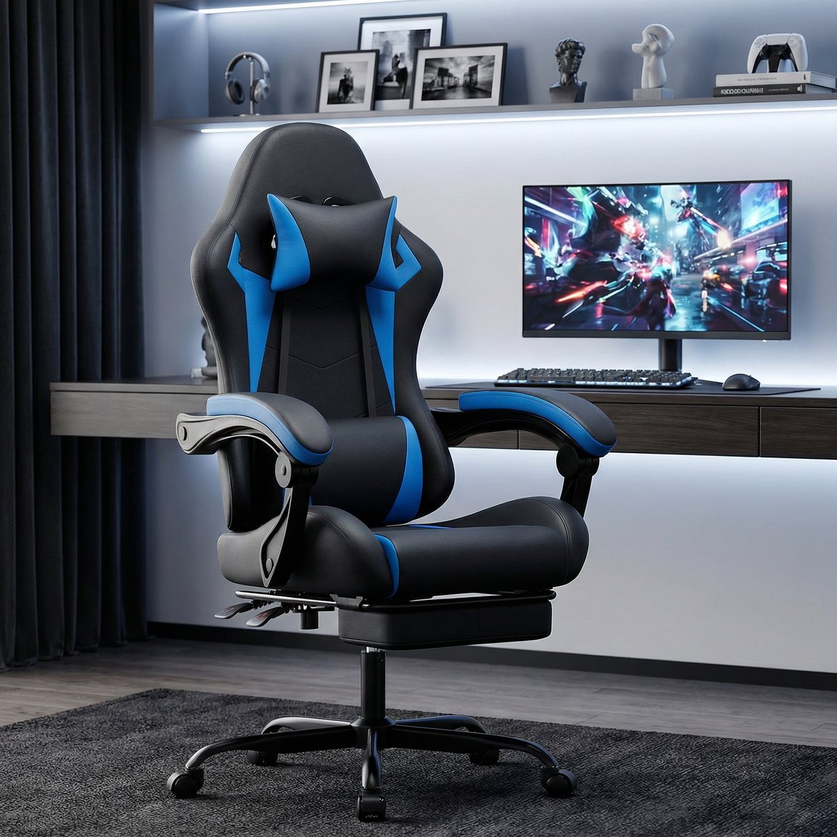 MODENUIT Gamingstoel 66 cm - Verstelbare Rugleuning, Voetsteun - Kantoor en Gaming - Kunstleer - Zwart