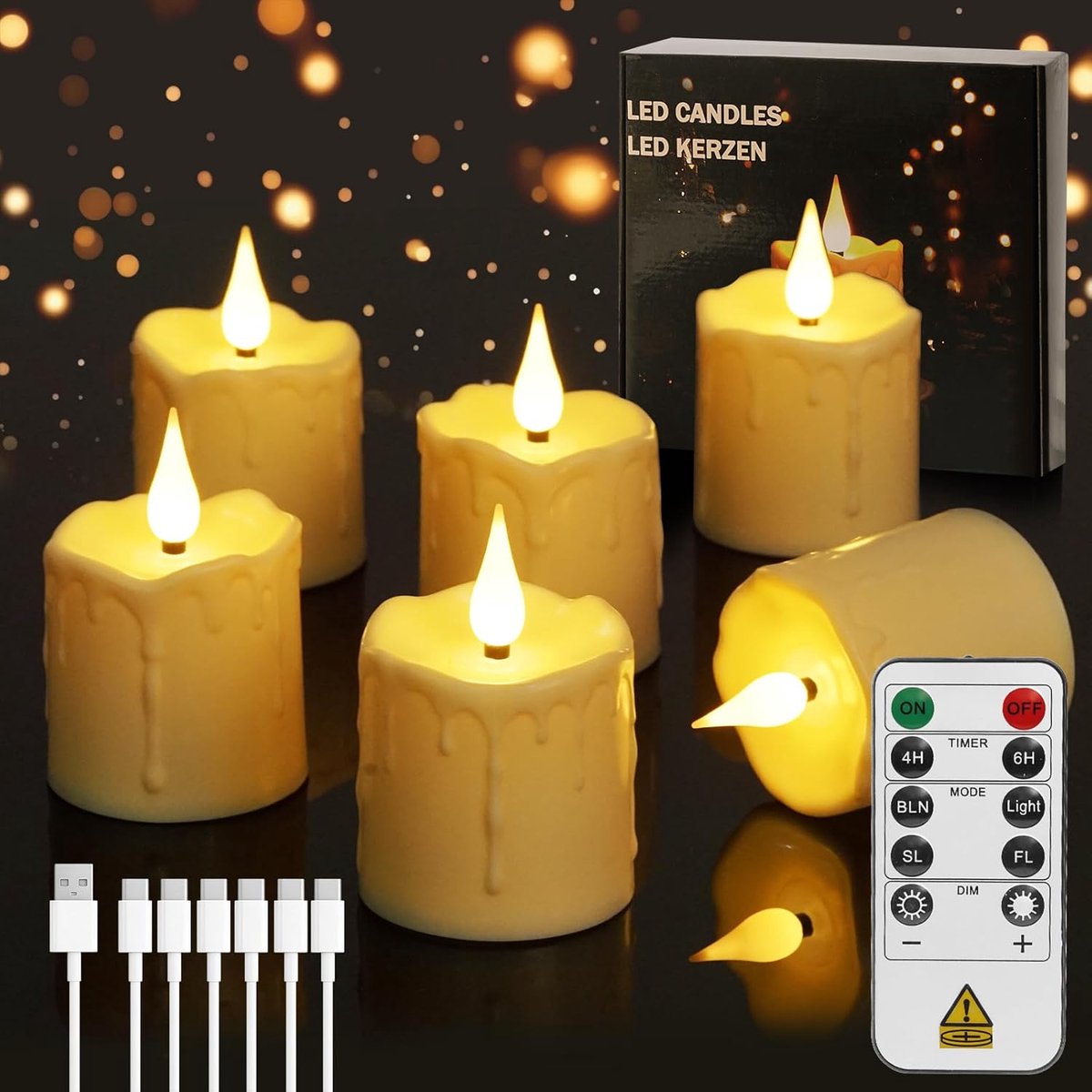 SnelShoppen - Oplaadbare Theelichtjes met Afstandsbediening, 6 Stuks LED Theelichten Met Timer en USB Kabel, Vlamloze Theelichtjes Voor Halloween, Thu