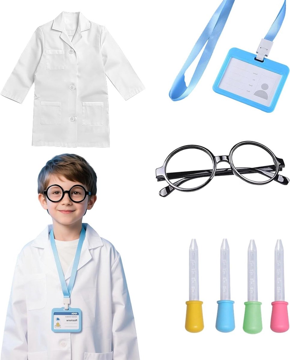 Wetenschappers Kostuum voor Kinderen - Laboratoriumjas met Bril en Accessoires voor Carnaval, Halloween en Cosplay Feesten