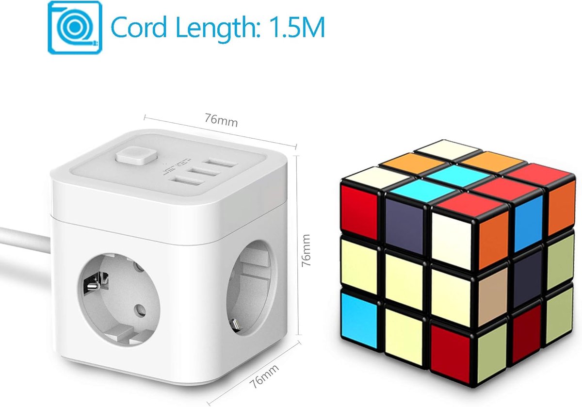 SnelShoppen - Power Strip Cube USB met 3 Stopcontacten en 3 USB Poorten (15.5 W) - Compacte Stekkerdoos voor Thuis, Kantoor en Reizen - Zwart/Wit - 1.