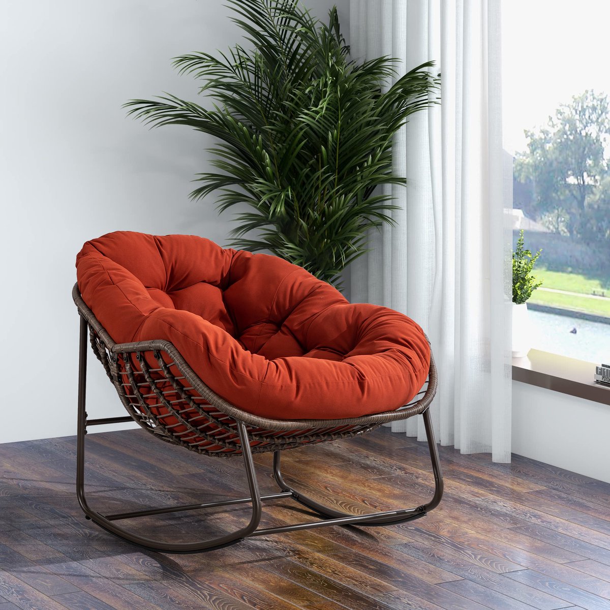 Intebiki fauteuil - schommelstoel tuin buiten - loungestoel - rotan tuinstoel - geschikt voor balkons, gangen, tuinen, achtertuinen en patio's - oranje