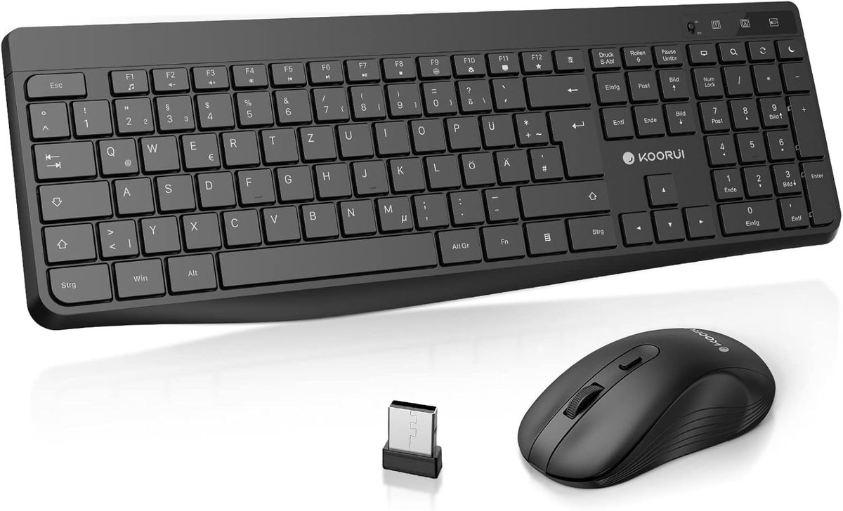 SnelShoppen - Draadloos Toetsenbord en Muis Set, Duits QWERTZ Indeling, 12 Functietoetsen, 2.4 GHz, Stil Toetsenbord voor Windows, MacOS, Linux, Zwart