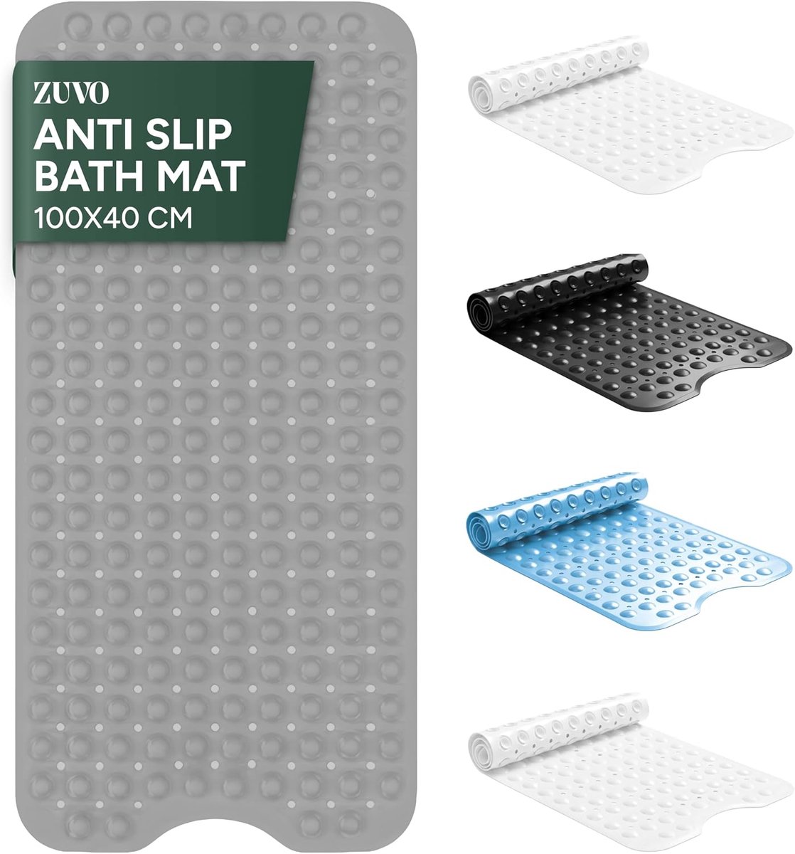 SnelShoppen - Extra Lange Badmat 100x40cm Grijs - Antislip Douchemant, Mould en Schimmelbestendig, Machinewasbare Rubber Badmat met Sterke Zuigkracht