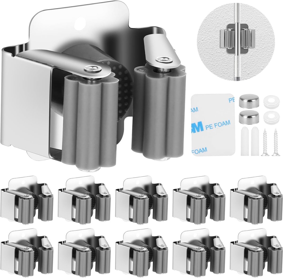 SnelShoppen - 10 Stuks RVS Mop Houder, Broom Houder, Wandmontage Tuingereedschap Houder, Roestvrij Staal, Silver voor Keuken, Badkamer en Buiten
