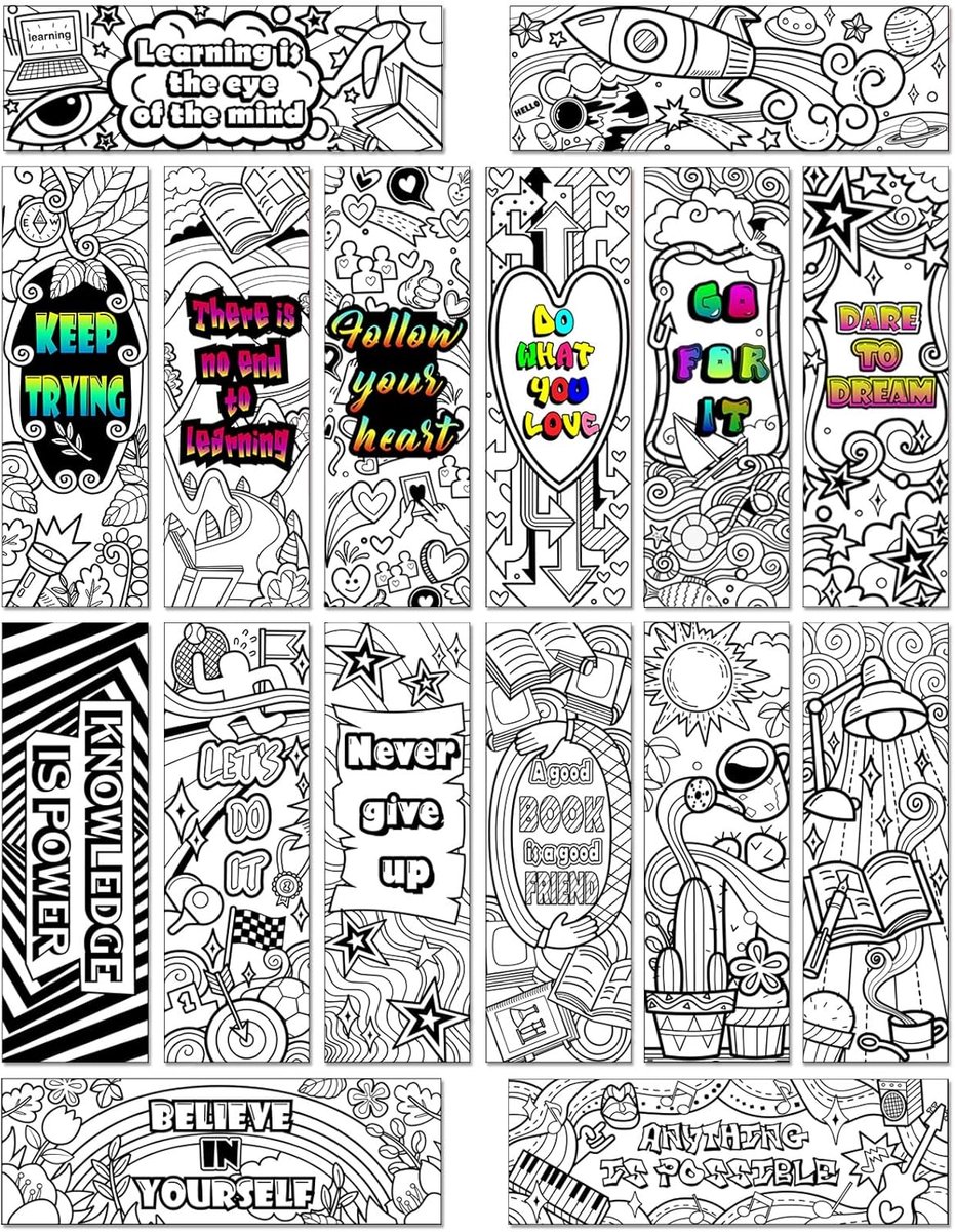 SnelShoppen - 32 Stuks Kleuren Je Eigen Boekenleggers, DIY Boekmarkers, Dubbelzijdig Inspirerende Pagina Markeerders voor Kinderen, Studenten, Lezen,