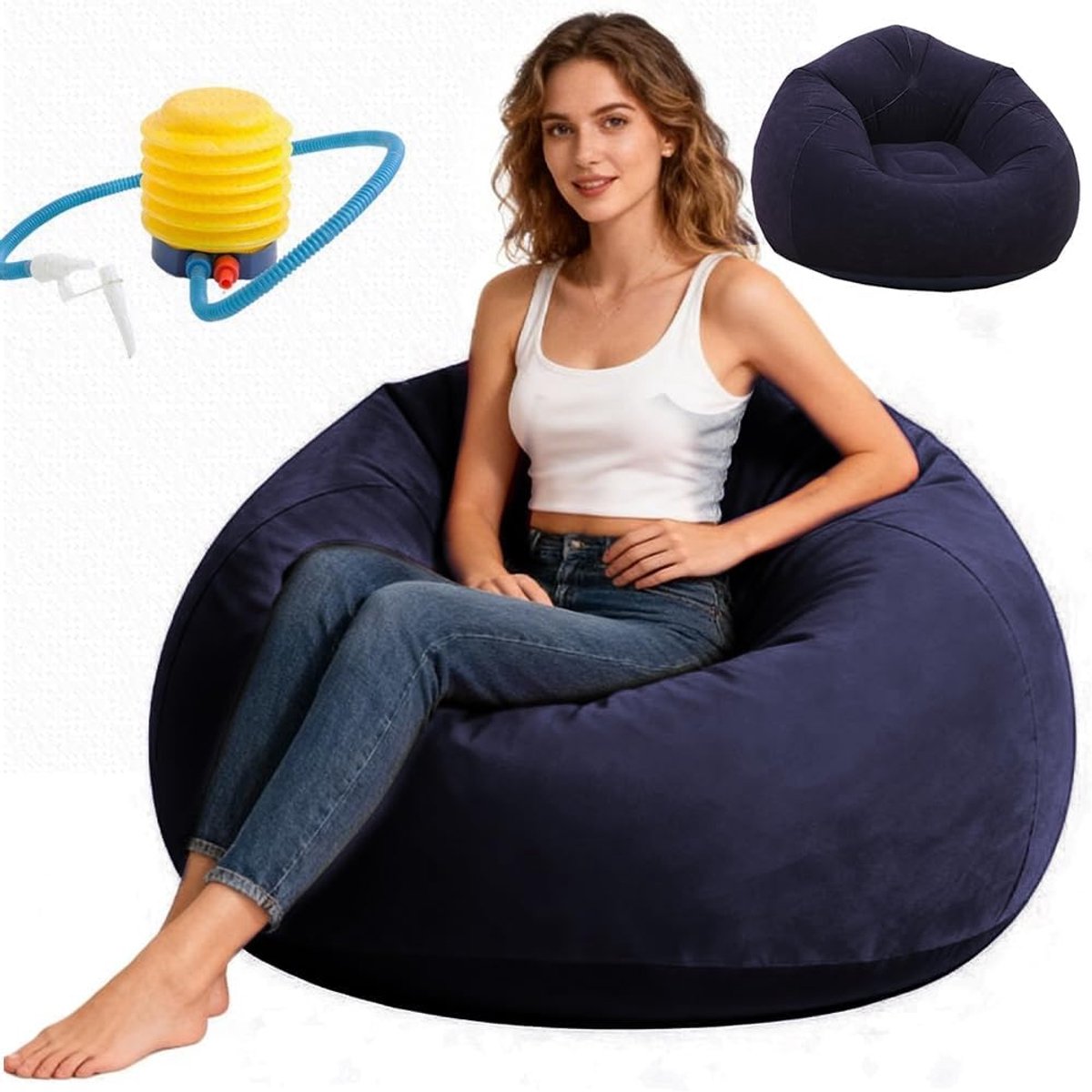 SnelShoppen - Inflatable Bean Bag Stoel 105x105x60cm - Ergonomische Lucht Sofa voor Binnen - Blauw - Ideaal voor Woonkamer, Slaapkamer, Feest, Camping