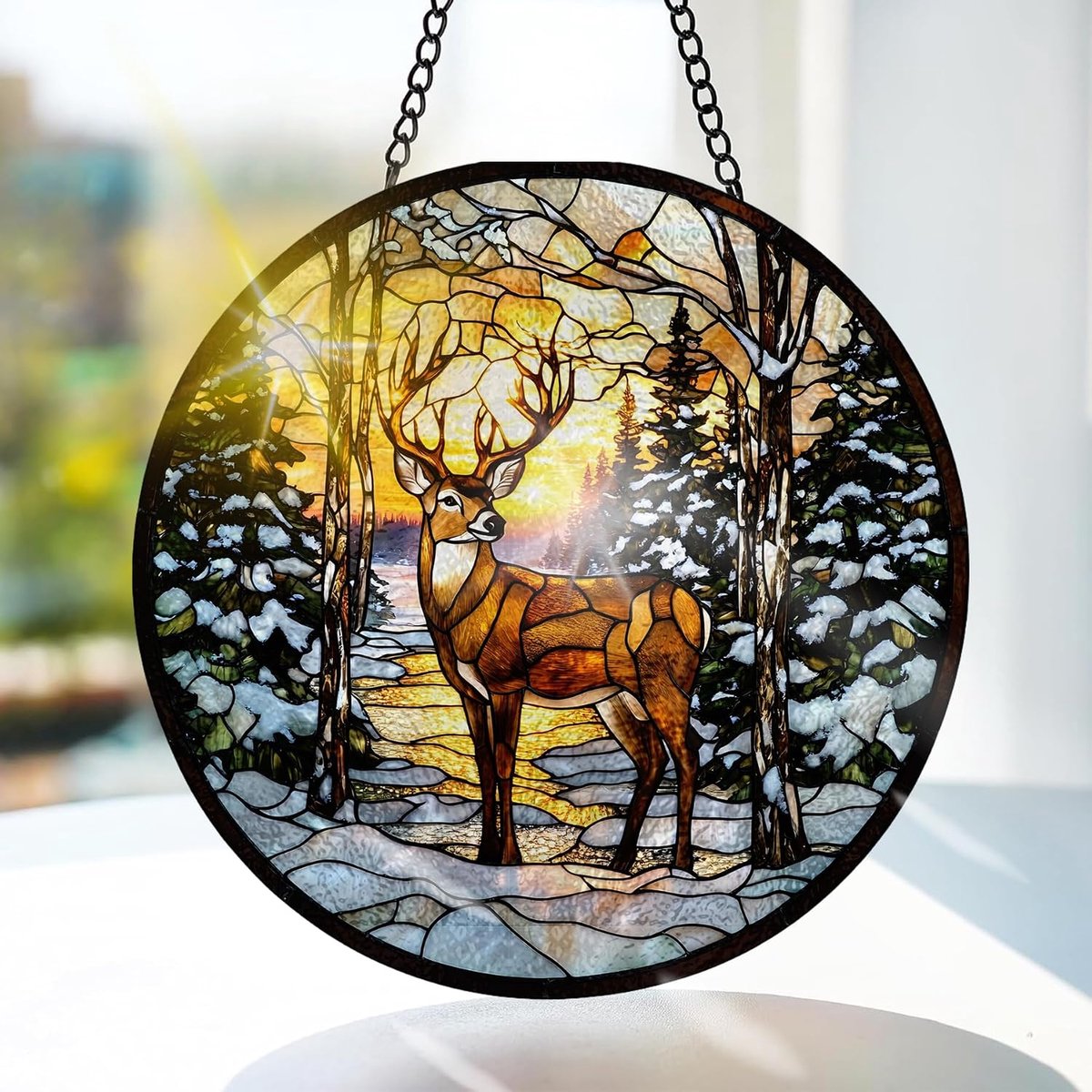 SnelShoppen - Hert Gekleurd Glas Hangend - Handgemaakte Raamdecoratie 20x20 cm - Dierlijk Suncatcher voor Tuin, Raam en Deur - Perfect voor Verjaardag