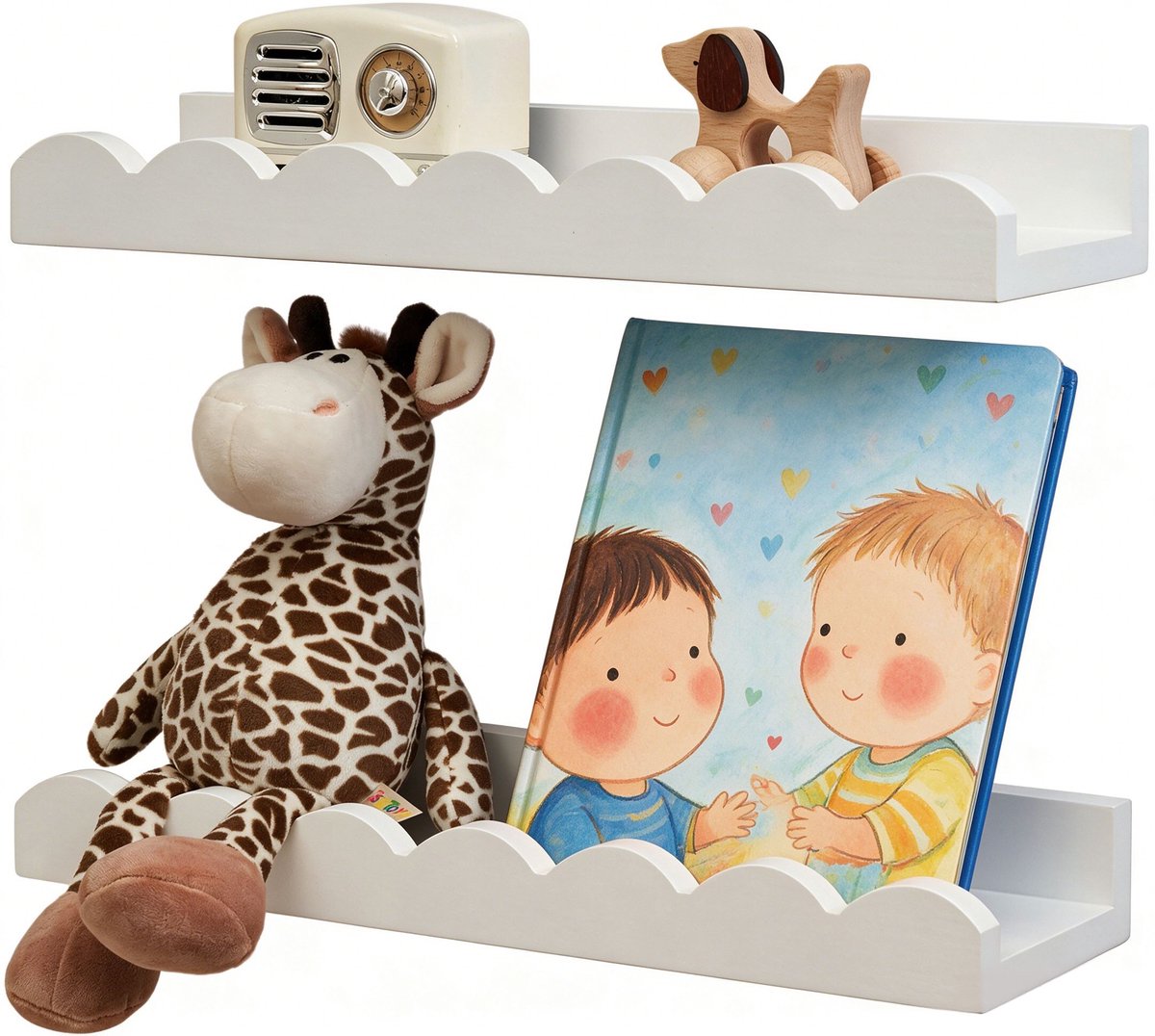 Zwevende Wandplank 2 stuks - 42 cm - Houten boekenplanken voor kinderkamer - Golvende rand wandplanken - Boekenplanken voor slaapkamer, babykamer en kinderkamer - wit