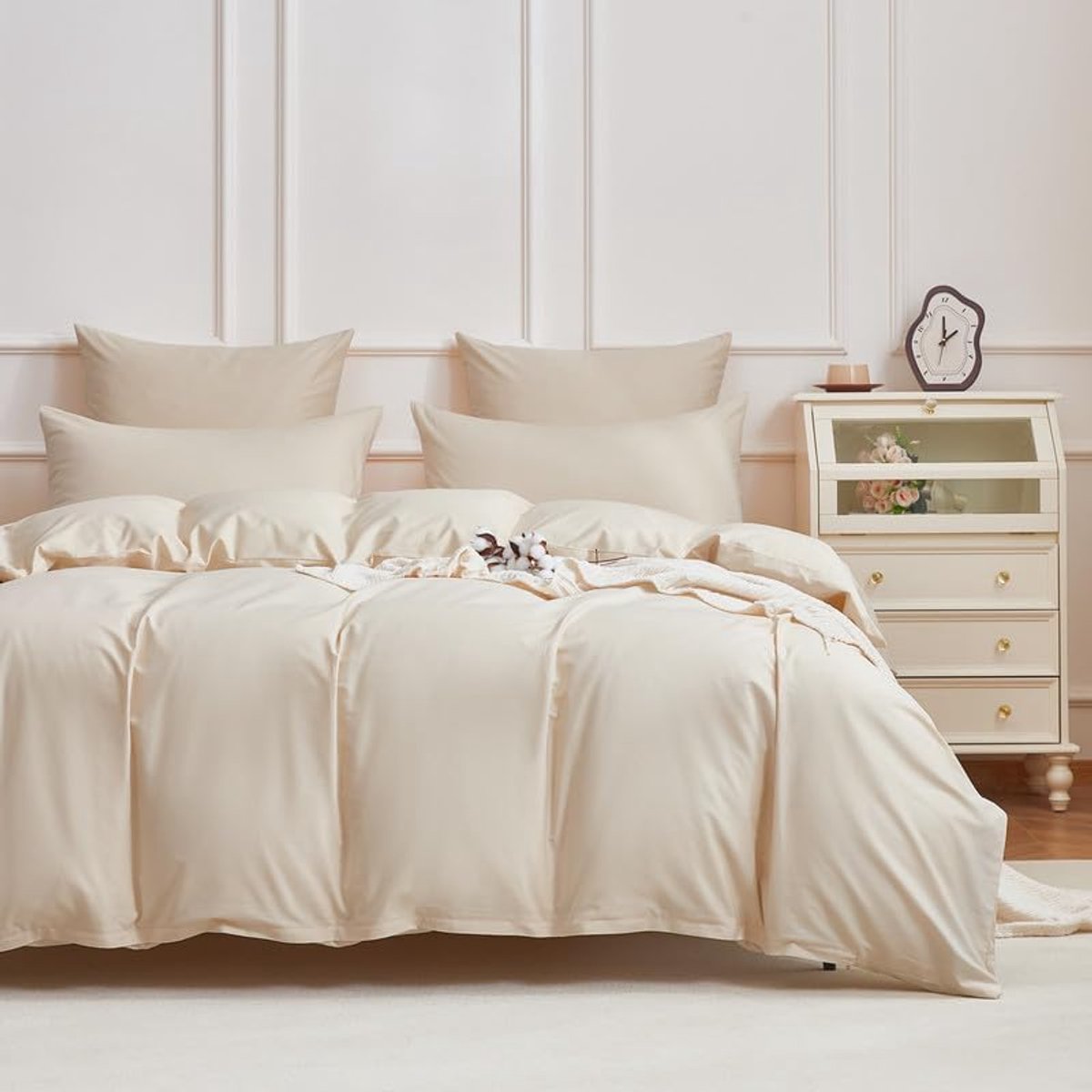 SnelShoppen - 100% Katoenen Bedlinnen Set 200x200 cm - Beige Mako Satin Duvet Dekbedovertrek met 2 Kussenslopen 80x80 cm - Zacht, Ademend, Luxe en Ges
