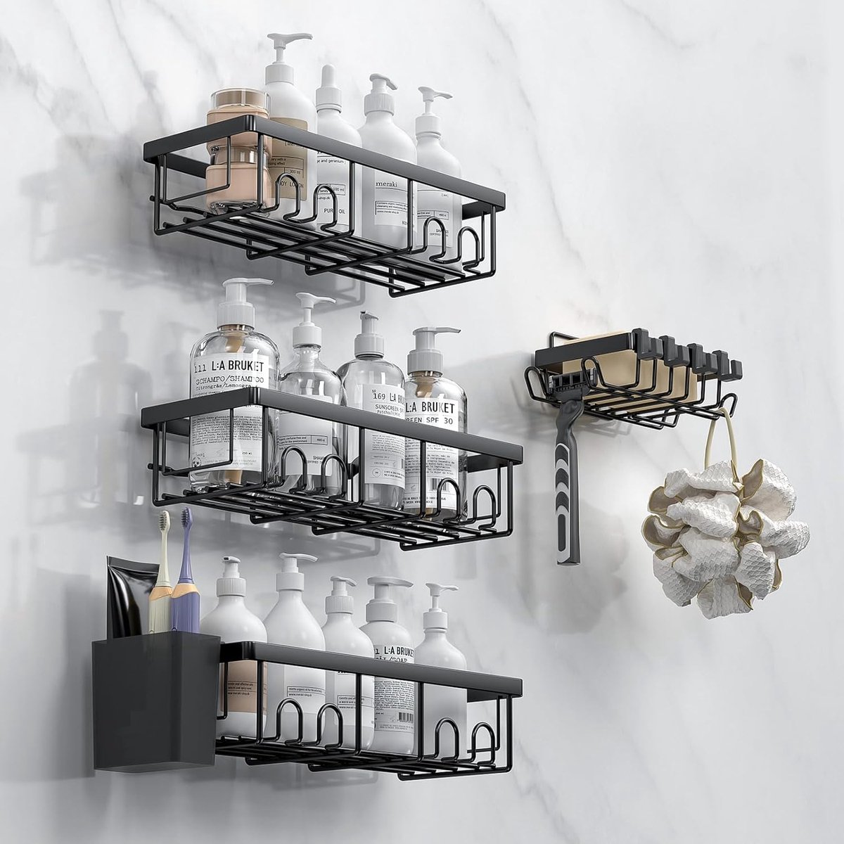 SnelShoppen - Doucheplank zonder boren, 4 Stuks, Zwart Koolstofstaal, Badkamer Rek voor Zelfklevend, Shampoo Houder voor Douche, Stevige Metalen Douch