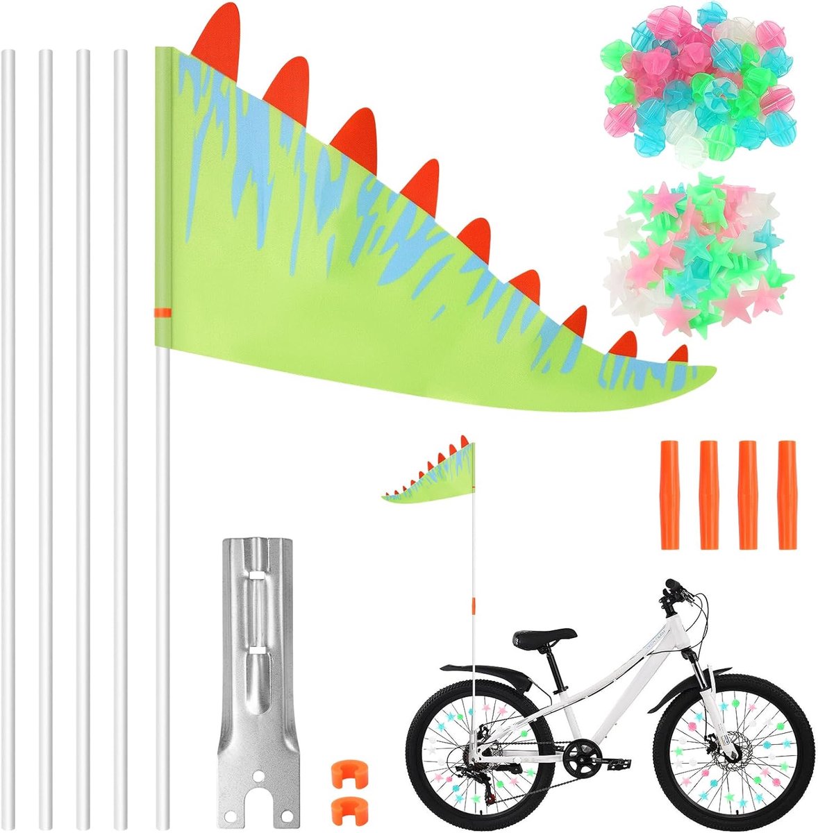 SnelShoppen - Kinderfiets Vlag met 72 Kleurrijke Spaken, 166 cm, Groen, Verstelbare Veiligheidspennant met Vlaggenstok en Spaken Klik voor Jongens en