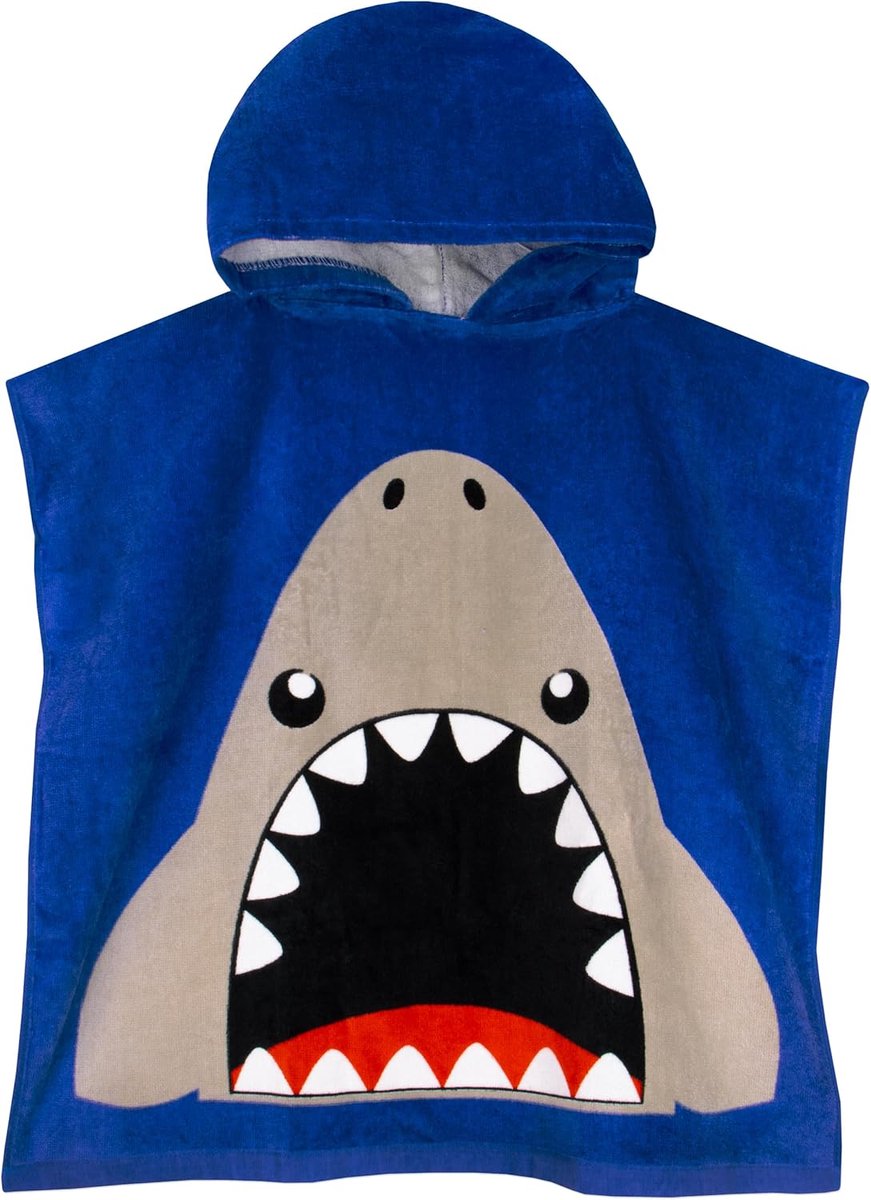 SnelShoppen - Poncho Handdoek voor Jongens, Shark Badcape voor Kinderen, Katoenen Strand- en Zwemhanddoek, One Size, Blauw, Perfect voor Zwembad en St
