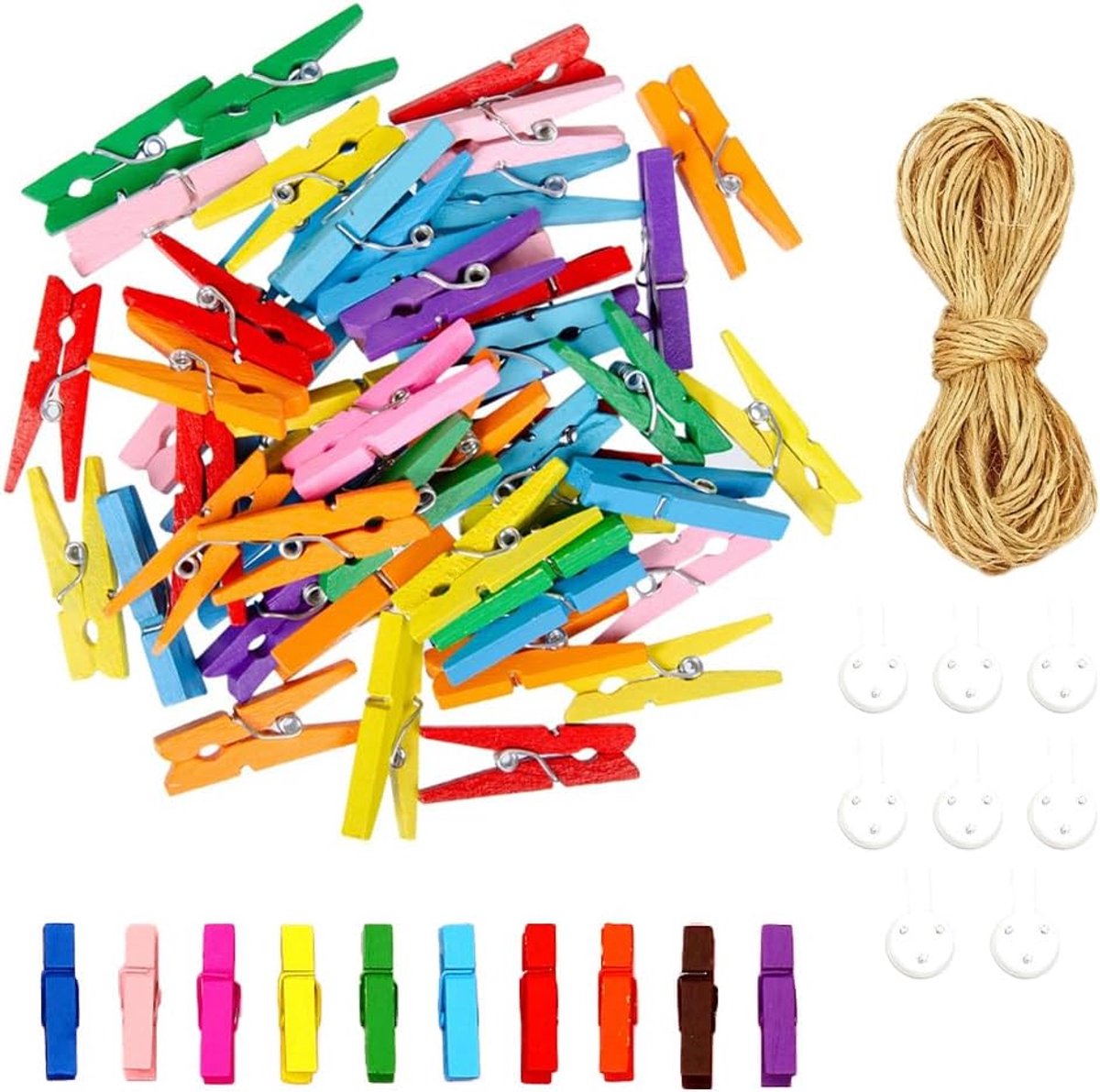 SnelShoppen - 50 Mini Kleurrijke Hout Klammern, 3.5cm Houten Wasknijpers, Herbruikbare Deko Klemmen voor Foto's, Postkaarten en Creatieve Decoratie