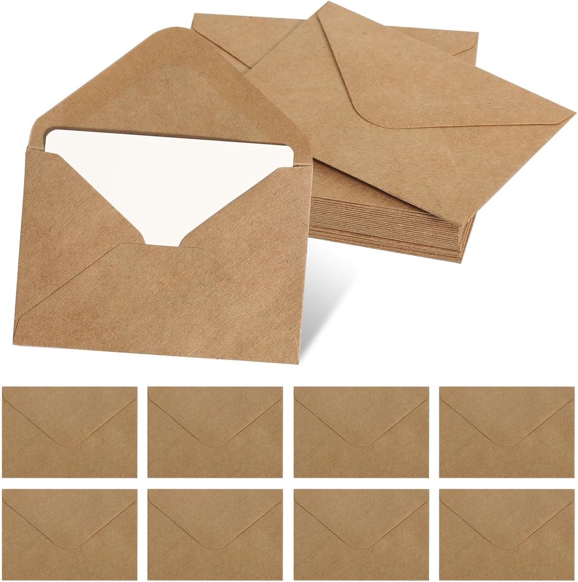 Thijox - 50 Bruine Mini-Enveloppen met 50 Vellen Blanco Papier - Kleine Enveloppen voor Geldgeschenken, Dankkaarten en Uitnodigingen - Perfect voor Fe