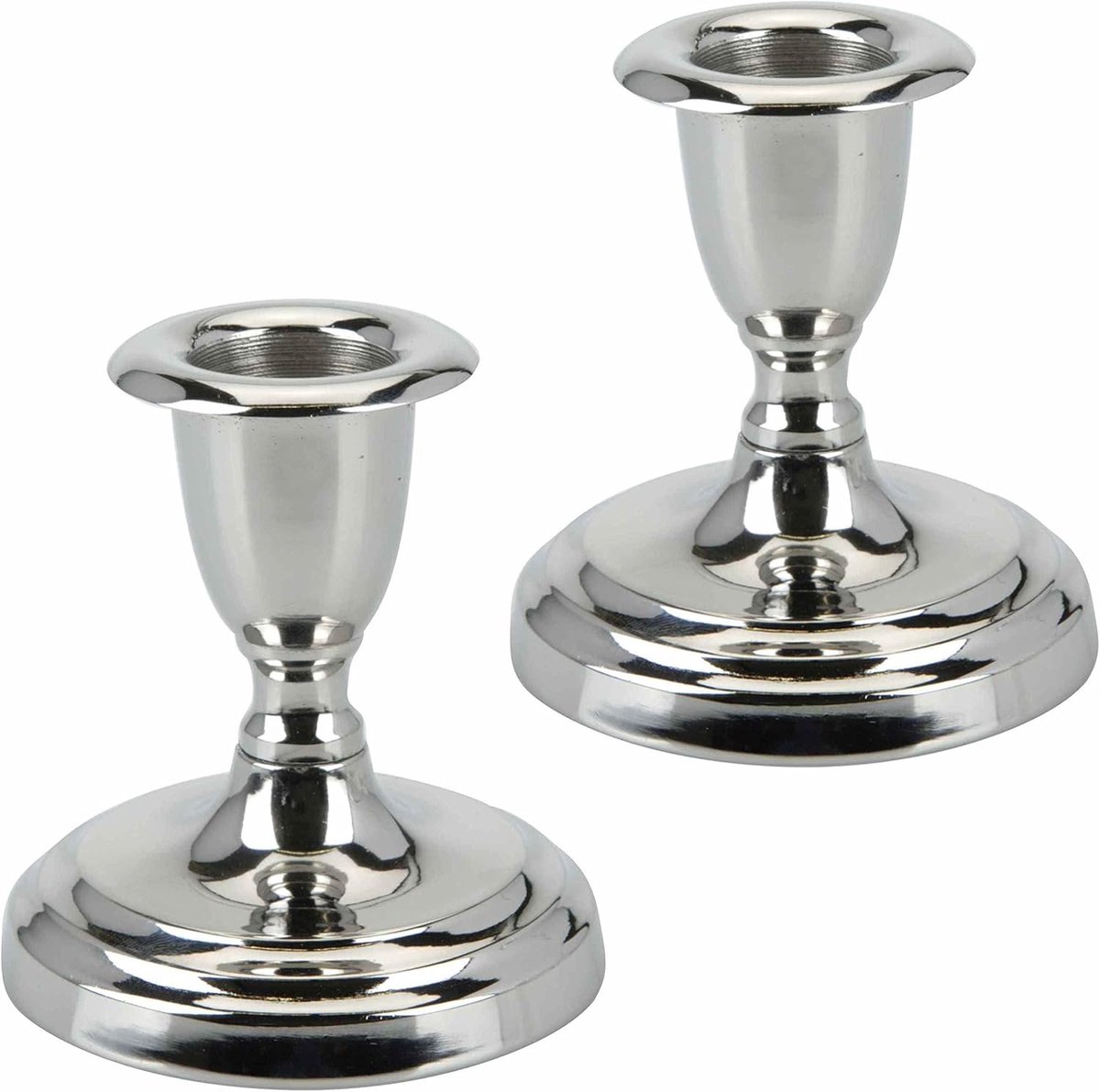 SnelShoppen - Set van 2 zilveren kaarsenhouders van metaal, 8 cm hoog, voor stompkaarsen met ronde voet, ideaal voor feesten en gezellige avonden