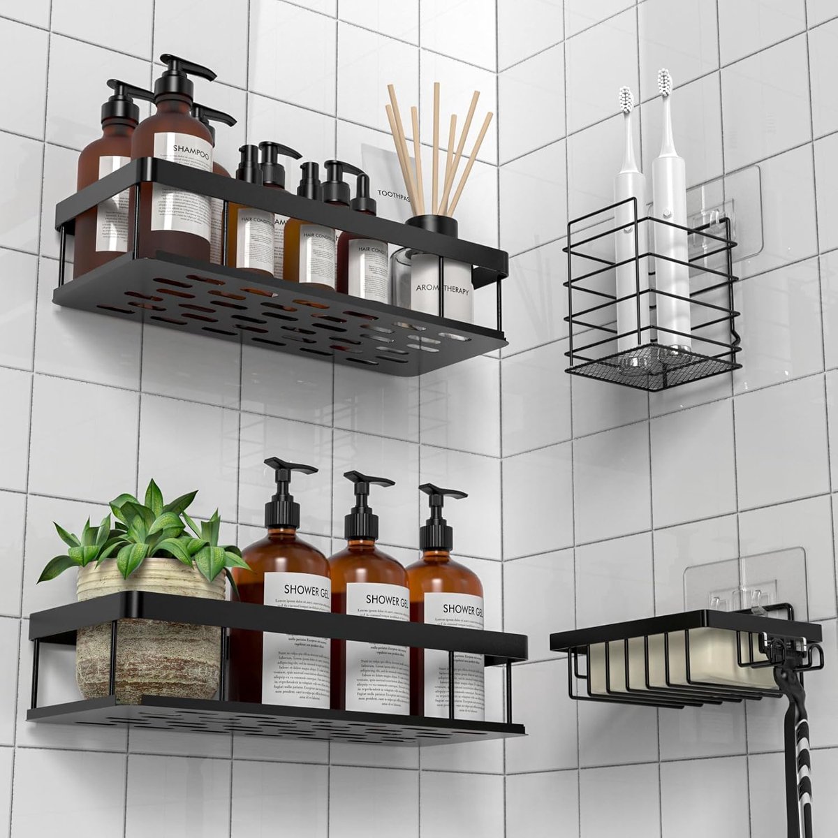 Thijox - Doucherek Zonder Boren, No-Drilling Wandmontage Badkamer Organizer, Zwart Doucherek met Zeepdoosje en Tandenborstelhouder, Ideaal voor Badkam