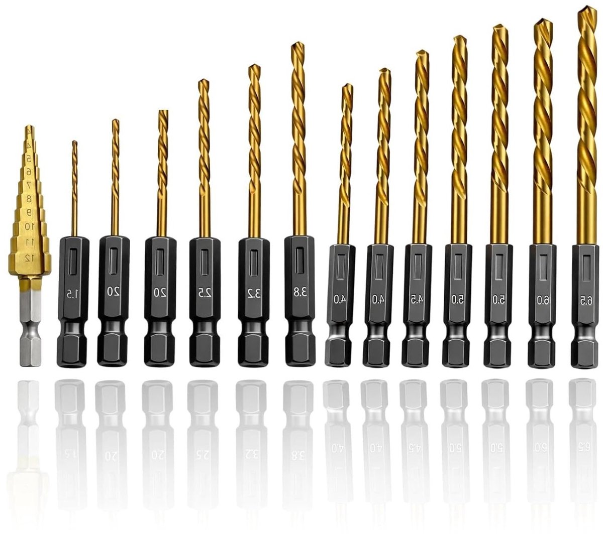 Thijox - 14-delig Titanium Boorset HSS met 6,35 mm Zeskantschacht, Snelwissel Metaalboor 1,5–6,5 mm, Inclusief Trapboor 3–12 mm voor Metaal, Hout, Kun