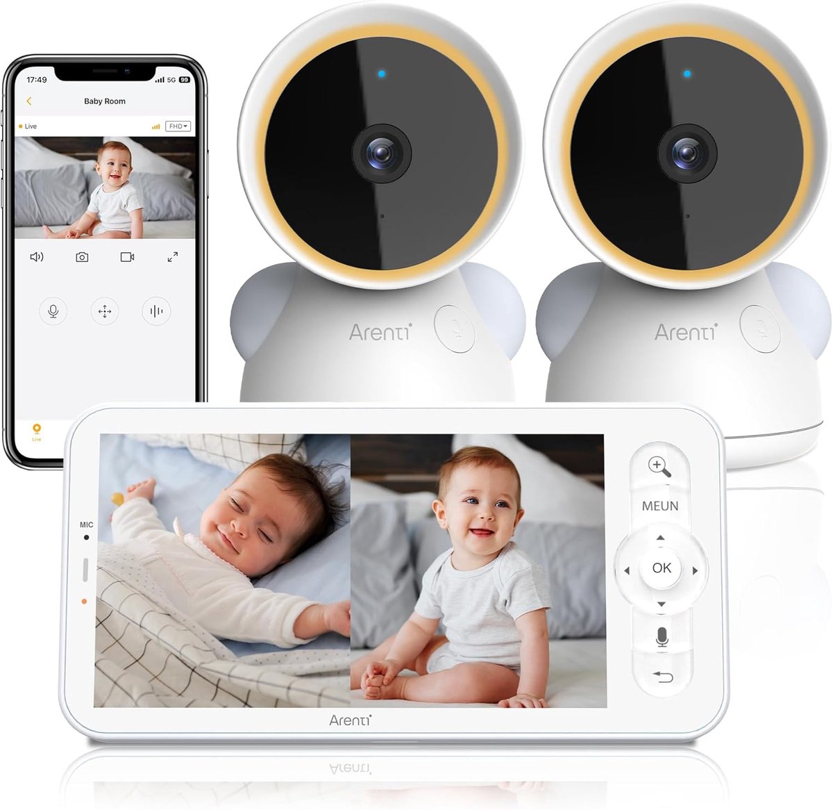 Thijox - Babyfoon met 2 Camera's en App 2K/3MP, 5 Inch Wifi-Video-Babyfoon PTZ 355°, Automatische Tracking, Temperatuur- en Luchtvochtigheidssensor, N
