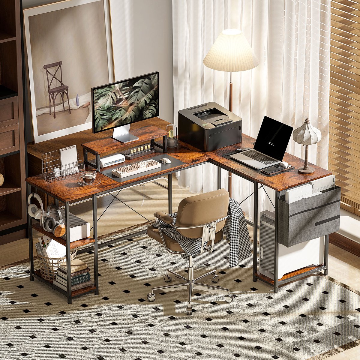 DESMIU Bureau - L Vormig Hoekbureau Met Monitorstandaard En Opbergruimte - Voor Kantoor En Gamen - Hout Bruin - 168x120 Cm
