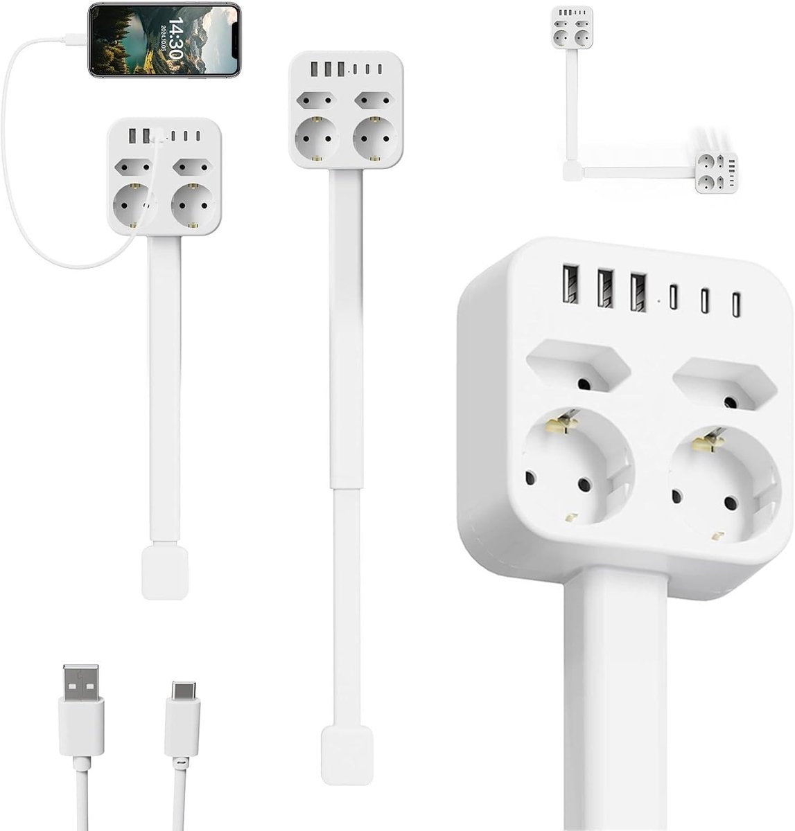 SnelShoppen - Socket Extension met 4 Schuko Stopcontacten, 3 USB-A en 3 USB-C, 360° Rotatable en Uittrekbaar (44.5 - 65 cm) voor Thuis, Kantoor en Mee