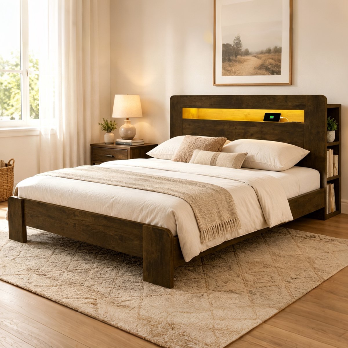 COVREO bed 140 x 200 cm - hout, met opbergruimte in hoofdbord, LED en stopcontacten