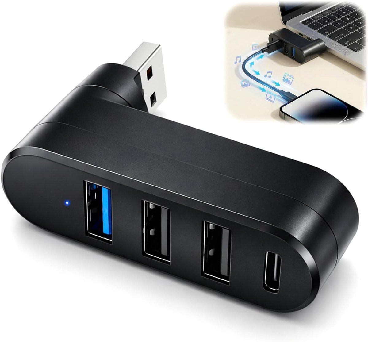 Thijox - 3.0 USB-hub met 4 poorten, draaibaar 90°/180°, USB 2.0, USB 3.0 en USB-C, compacte multiport hub voor pc, printer, auto, zwart/bruin